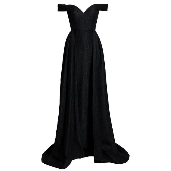 MAC DUGGAL Black Off Shoulder Lace Overlay Train Gown Womens Size 4 - Picture 9 of 11